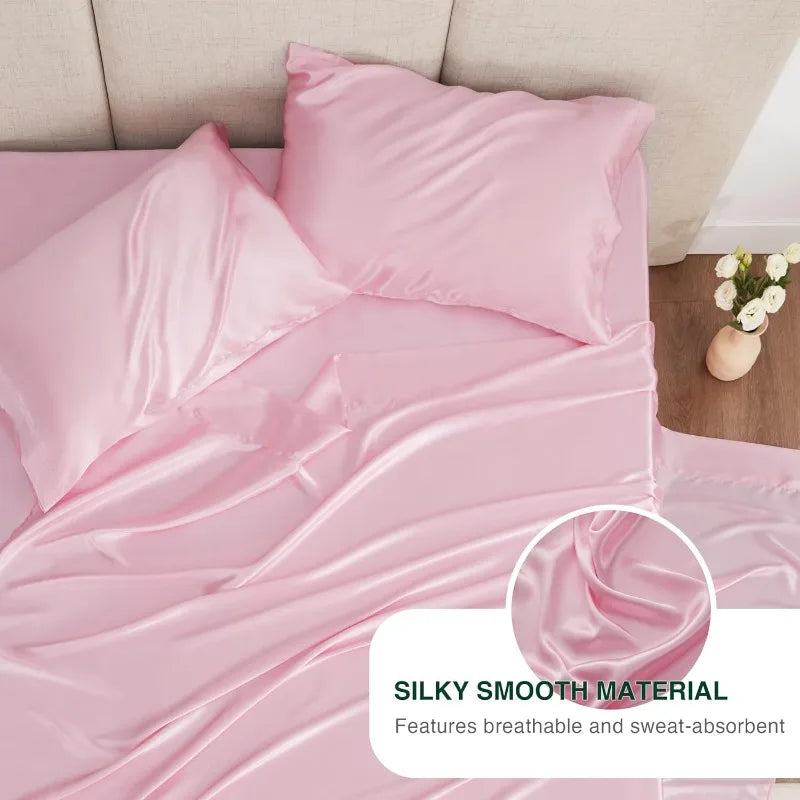 4 Piece Pink Silky Satin Bed Sheets Queen Set with Deep Pocket
