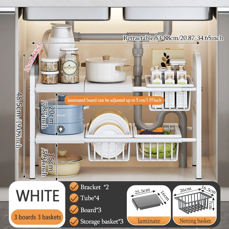 Set Expandable Cabinet Shelf Organizer Storage Rack With Removable Baskets
