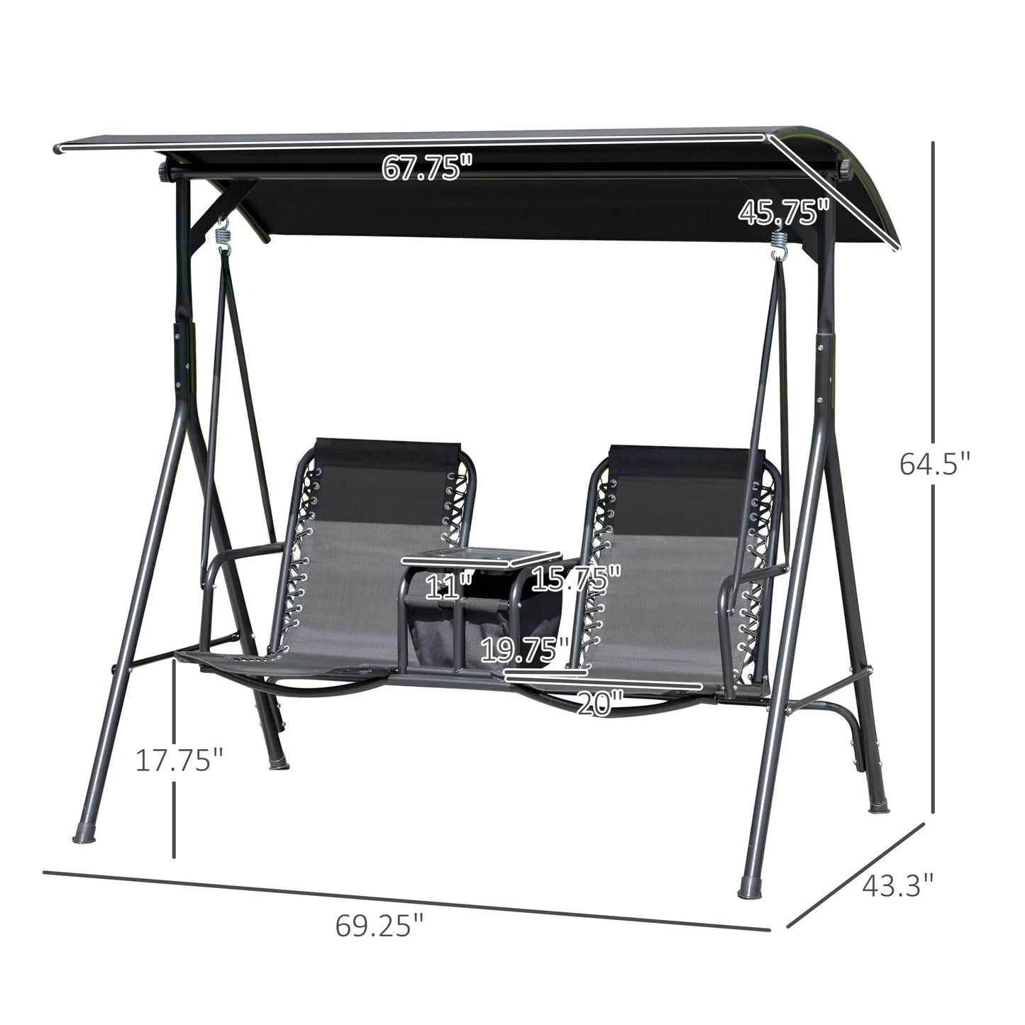 2 Person Outdoor Swing Chair for Porch, Patio, Storage, Tray, Cup Holders, Black