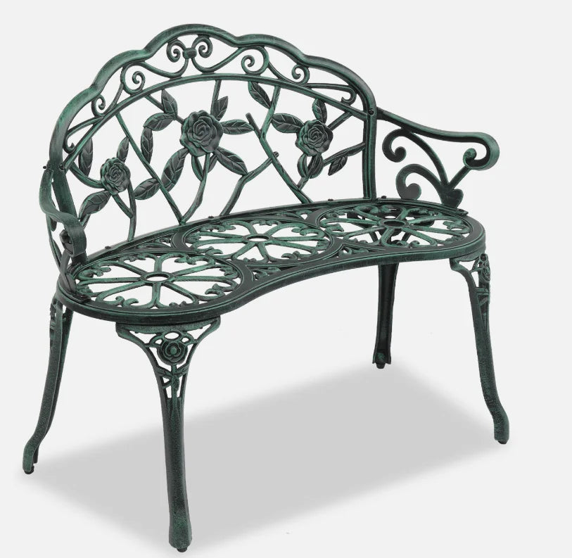 38.5"Length Garden Bench Park Chair with Cast Aluminum Furniture with Rose Pattern