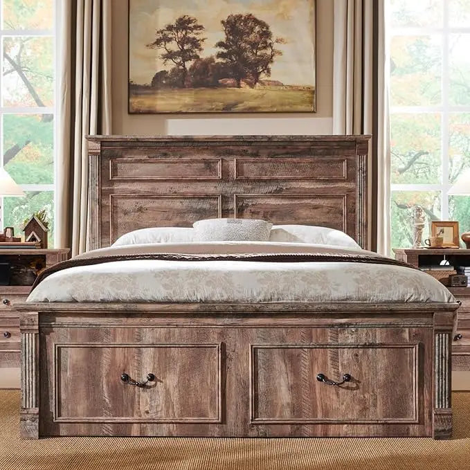 Farmhouse Queen Size Bed Frame, with 51" Tall Headboard, 20" Tall Footboard & 2 Large Storage Drawers