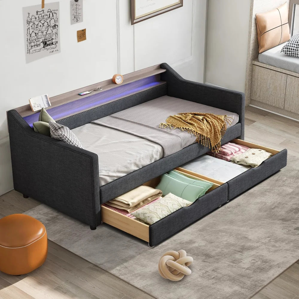 Twin Size Daybed with Storage, with 2 Drawers, Daybed Frame with USB Port and Smart LED Light, Slat Support, Dark Grey