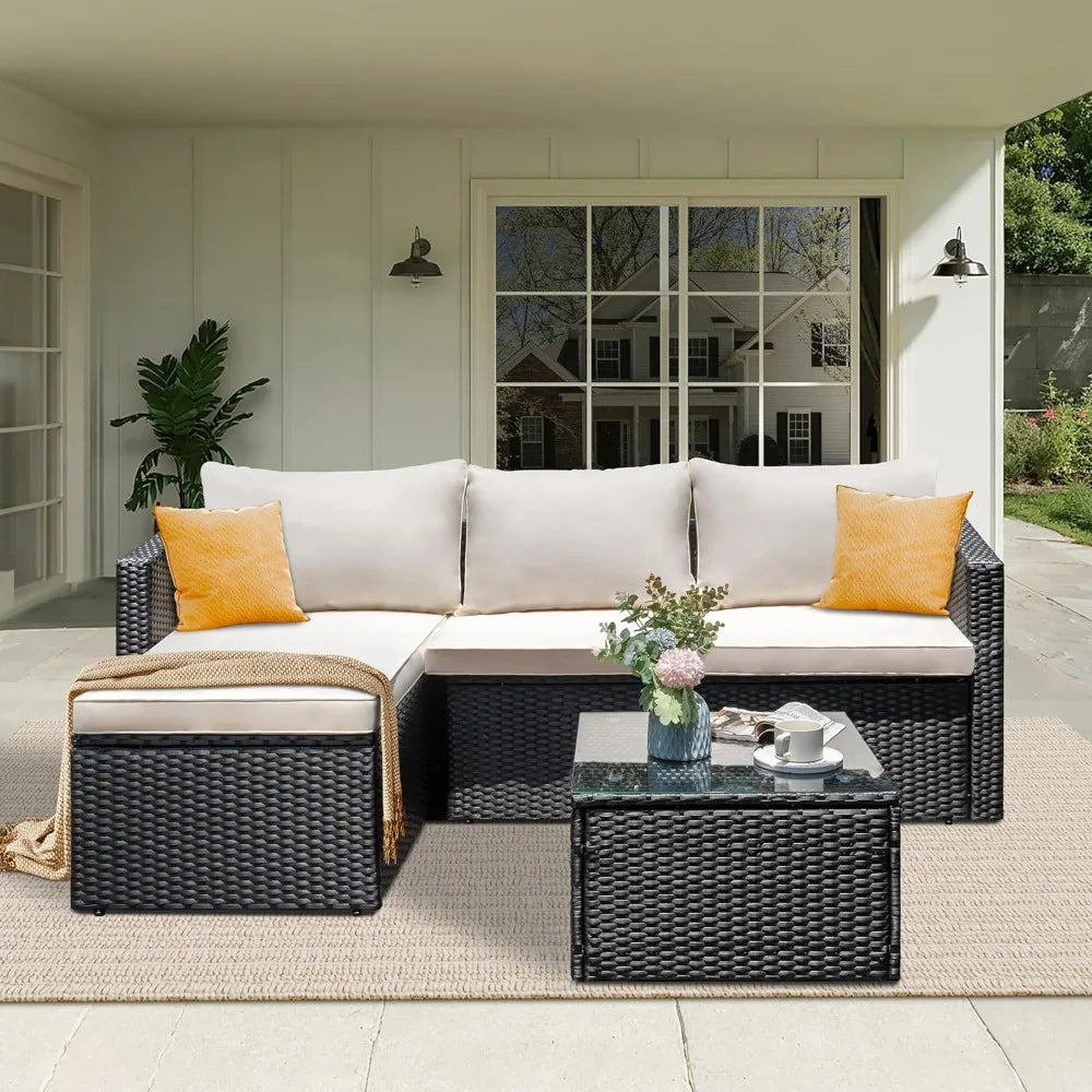 3 PC Sectional Furniture Set with All-Weather Wicker Rattan with Glass Table Top