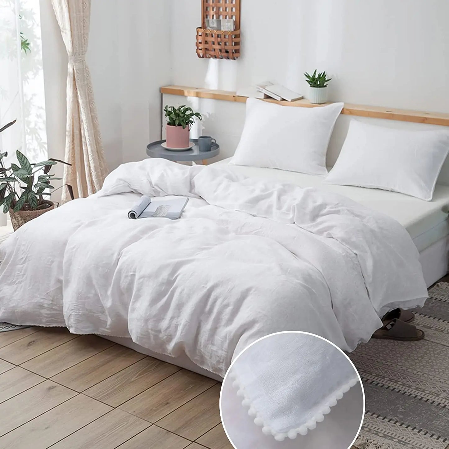 3Pcs 100% Linen Bedding Set, Washed Comforter Boho Breathable Queen King Size Duvet Cover Bed Sheet Pillow Shams