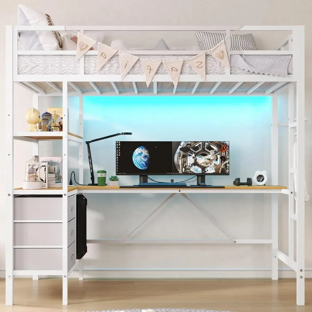Twin Loft Bed with L-Shaped Desk, LED Lights, Charging Station with 3 Storage Shelves and 3 Fabric Drawers