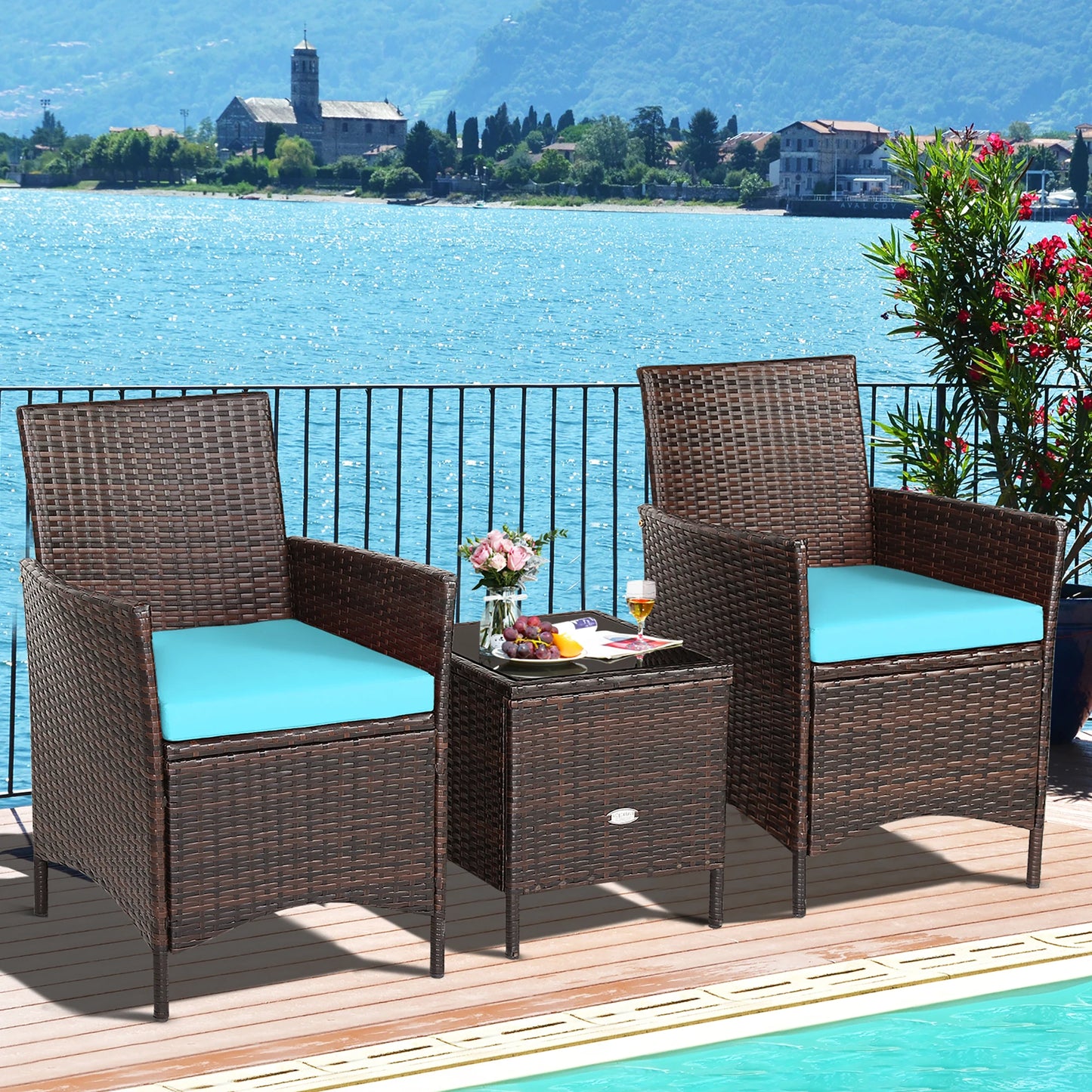 3 PCS Rattan Furniture Set with Cushions and glass top table.