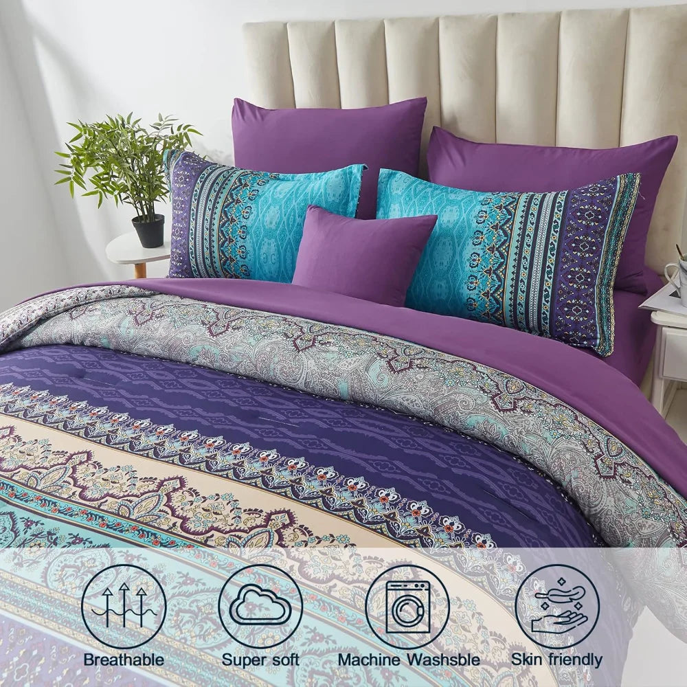 Comforter Set King Size 8 Piece Bed in a Bag, Bohemian Striped Quilt Set, Duvet Cover Sets