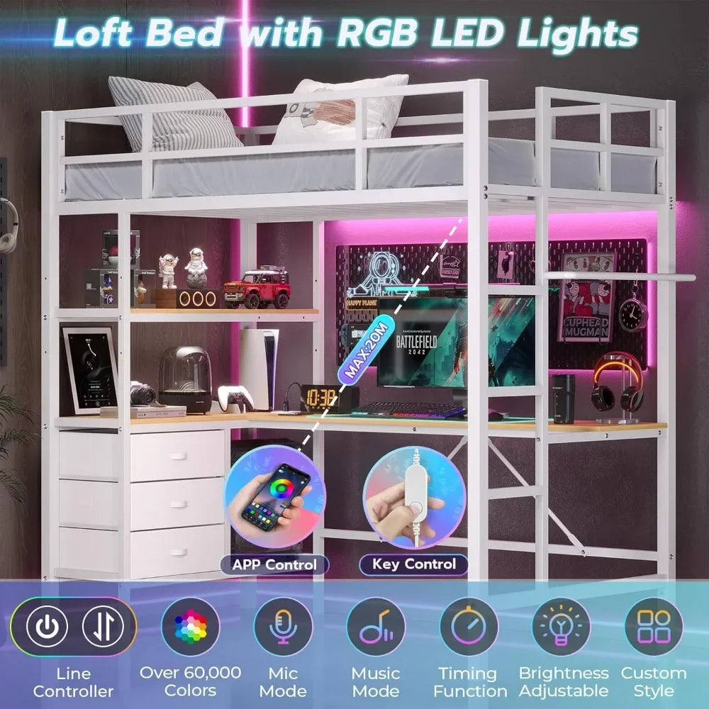 Twin Loft Bed with L-Shaped Desk, LED Lights, Charging Station with 3 Storage Shelves and 3 Fabric Drawers