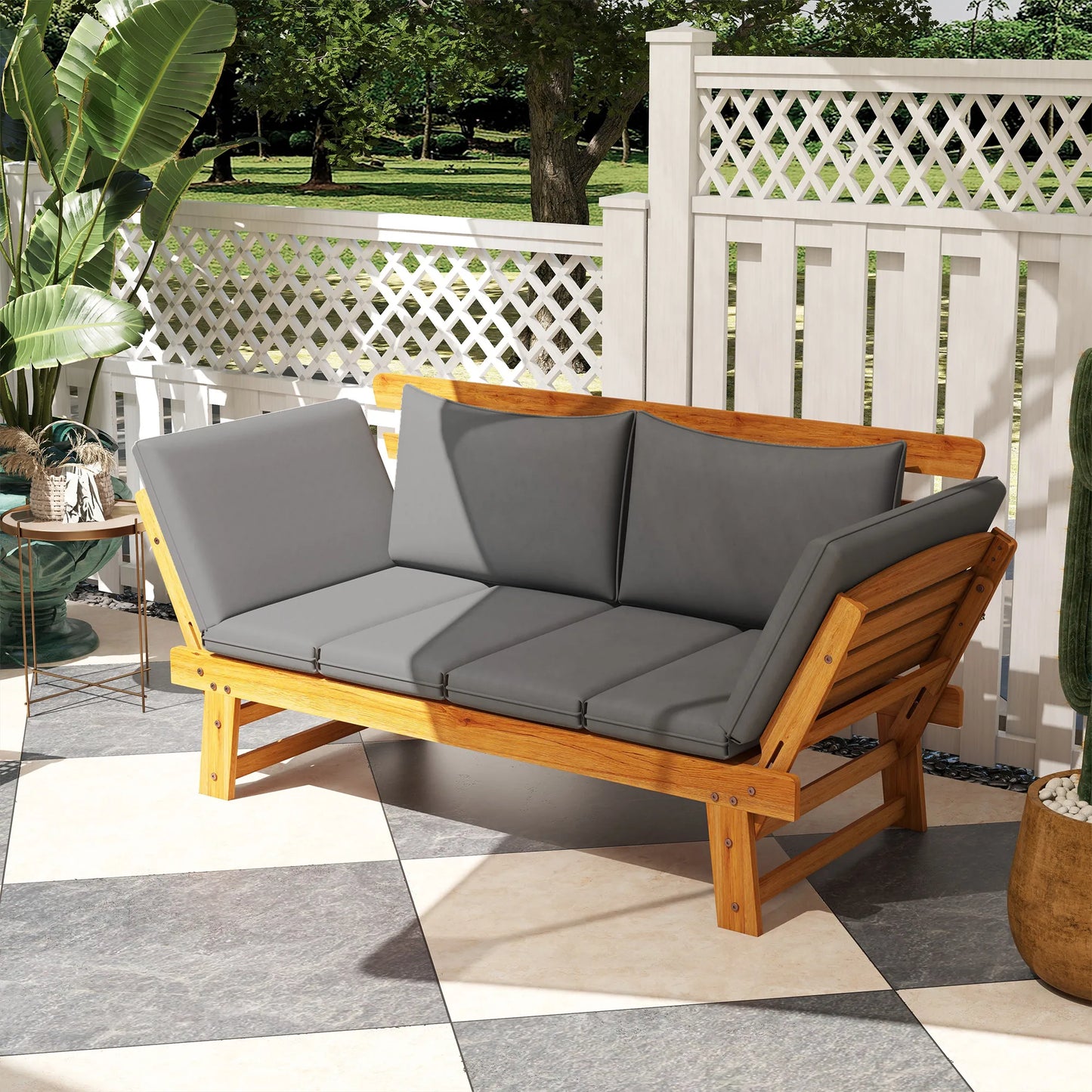 Wooden Garden Bench w/ Cushions, Gray