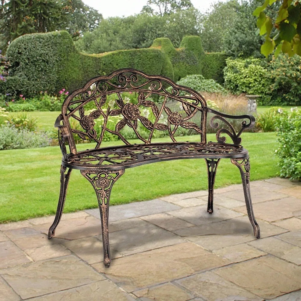 38.5"Length Garden Bench Park Chair with Cast Aluminum Furniture with Rose Pattern