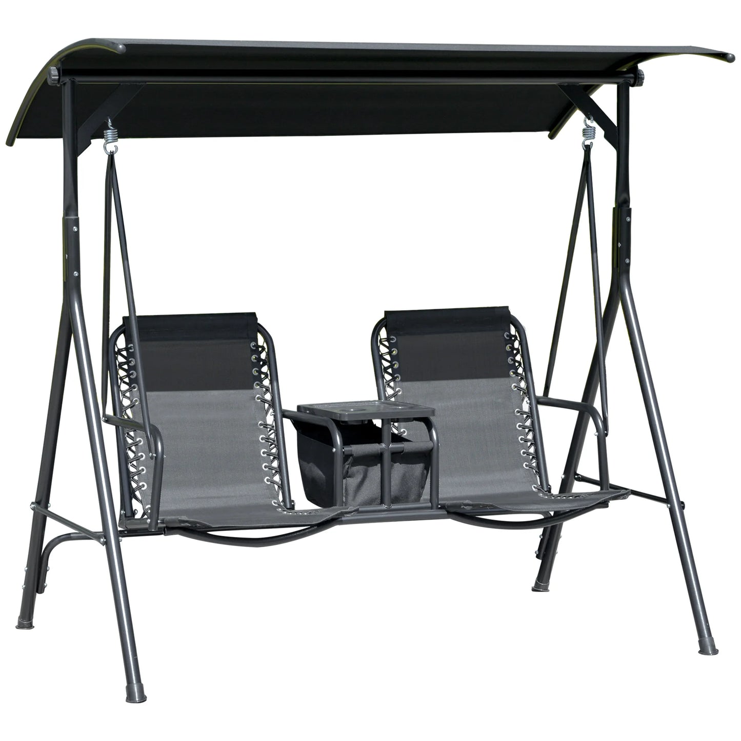 2 Person Outdoor Swing Chair for Porch, Patio, Storage, Tray, Cup Holders, Black