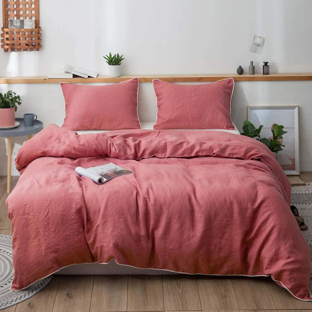 3Pcs 100% Linen Bedding Set, Washed Comforter Boho Breathable Queen King Size Duvet Cover Bed Sheet Pillow Shams