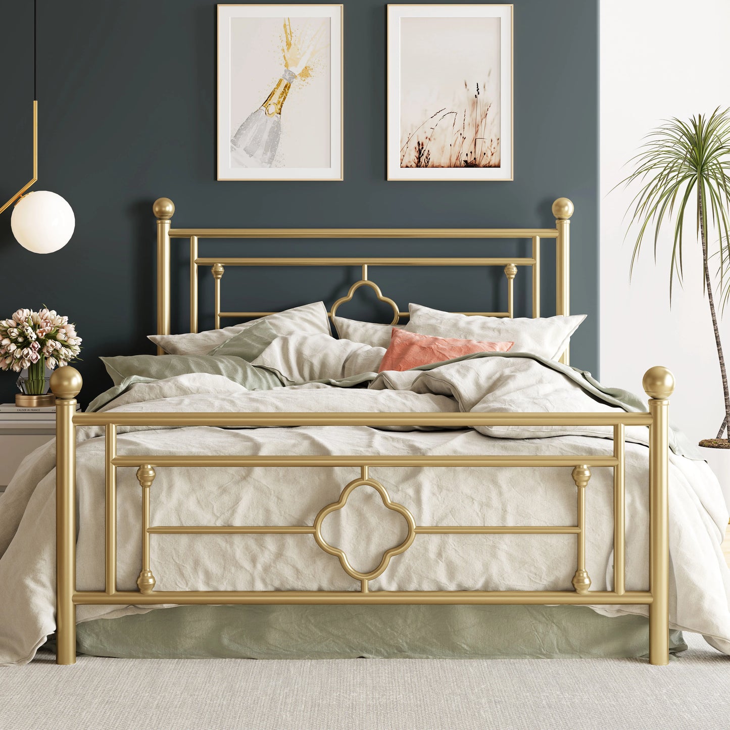 14 Inch Platform Bed Frame, Vintage Victorian Style, Wrought Iron Headboard and Footboard