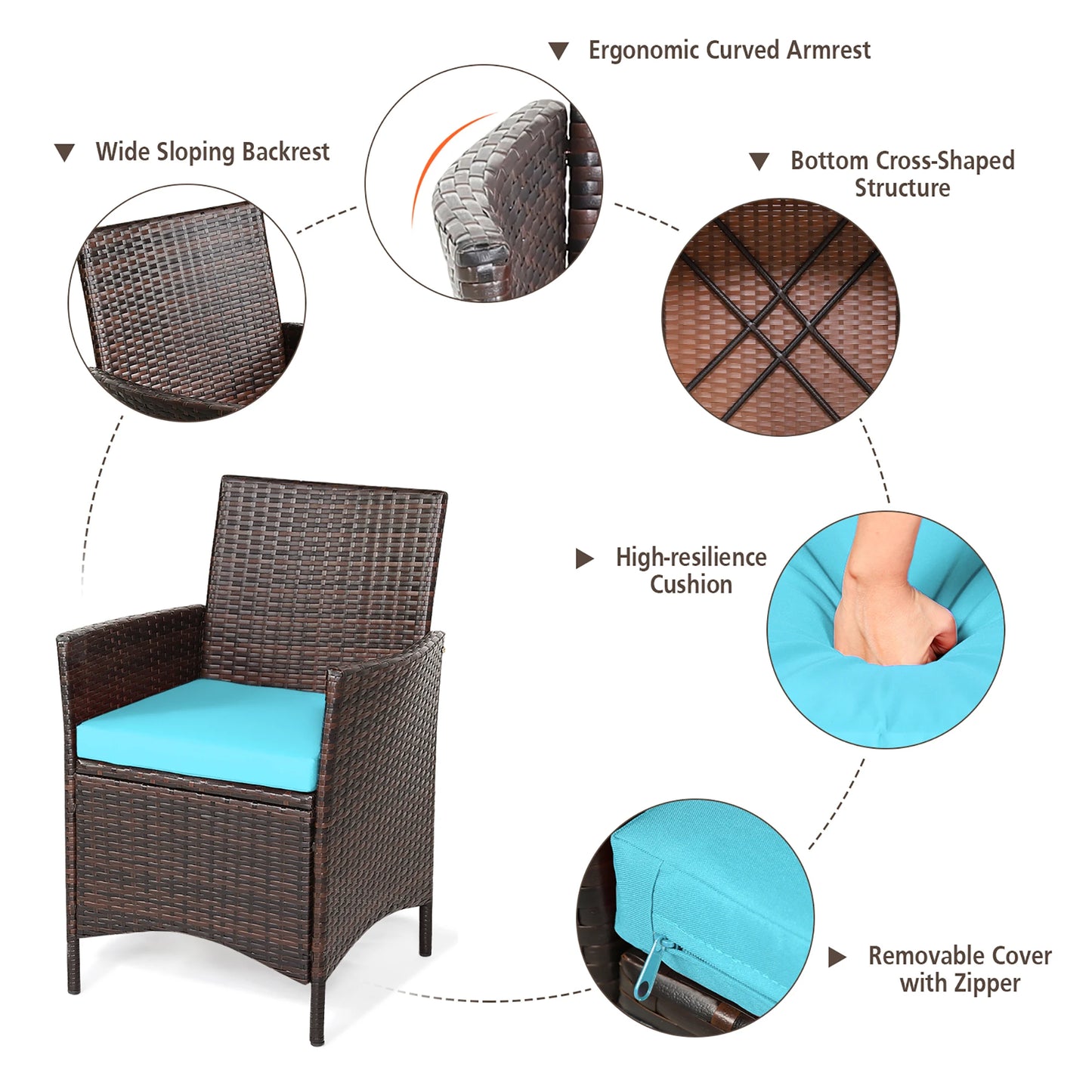 3 PCS Rattan Furniture Set with Cushions and glass top table.