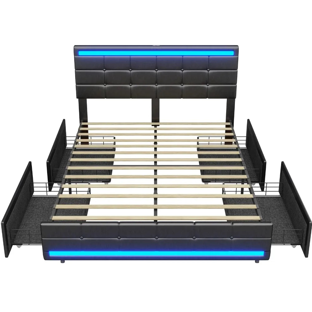 LED Lights Headboard and Footboard, Square Stitched Button Tufted Design, Upholstered Platform Bed Frame