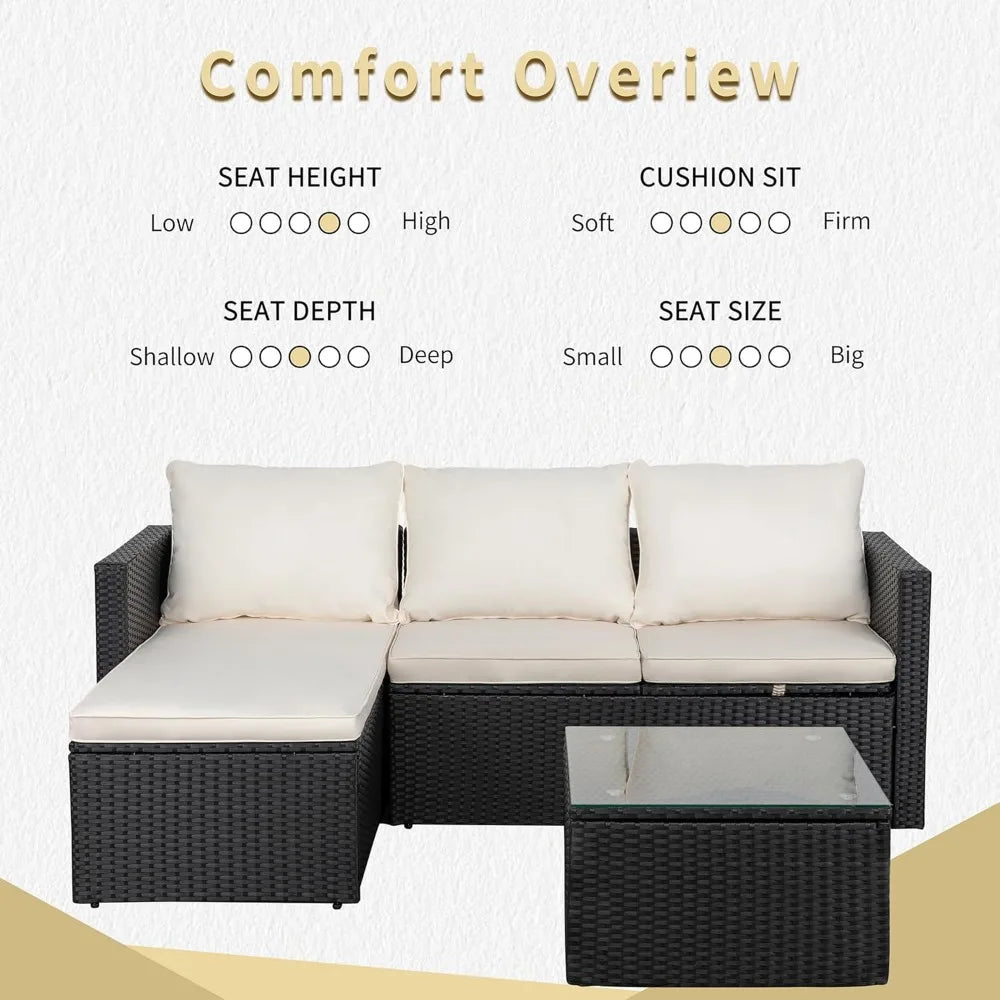 3 PC Sectional Furniture Set with All-Weather Wicker Rattan with Glass Table Top