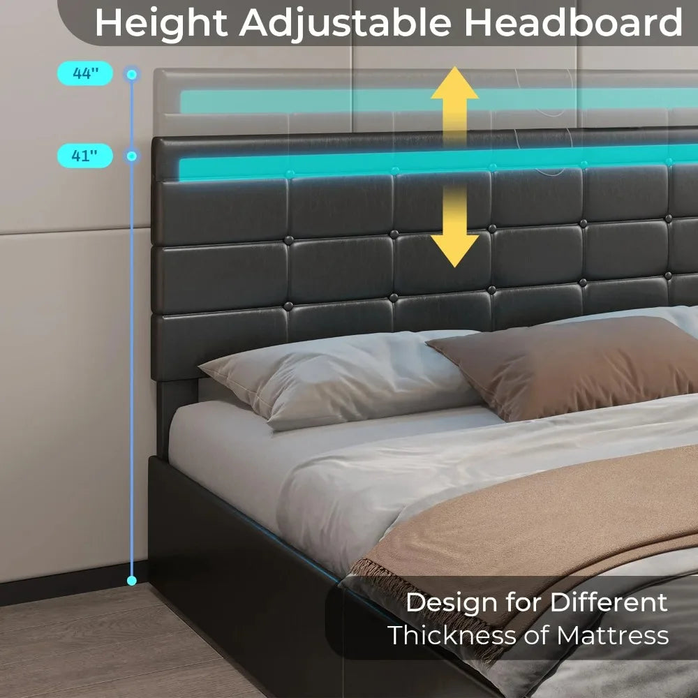LED Lights Headboard and Footboard, Square Stitched Button Tufted Design, Upholstered Platform Bed Frame
