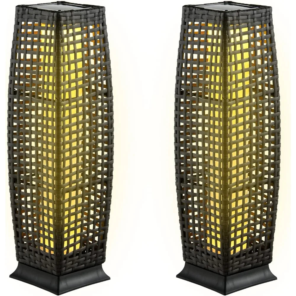 2-Piece Outdoor Solar Powered Floor Lamps, Waterproof Wicker with Auto On/Off LED Light