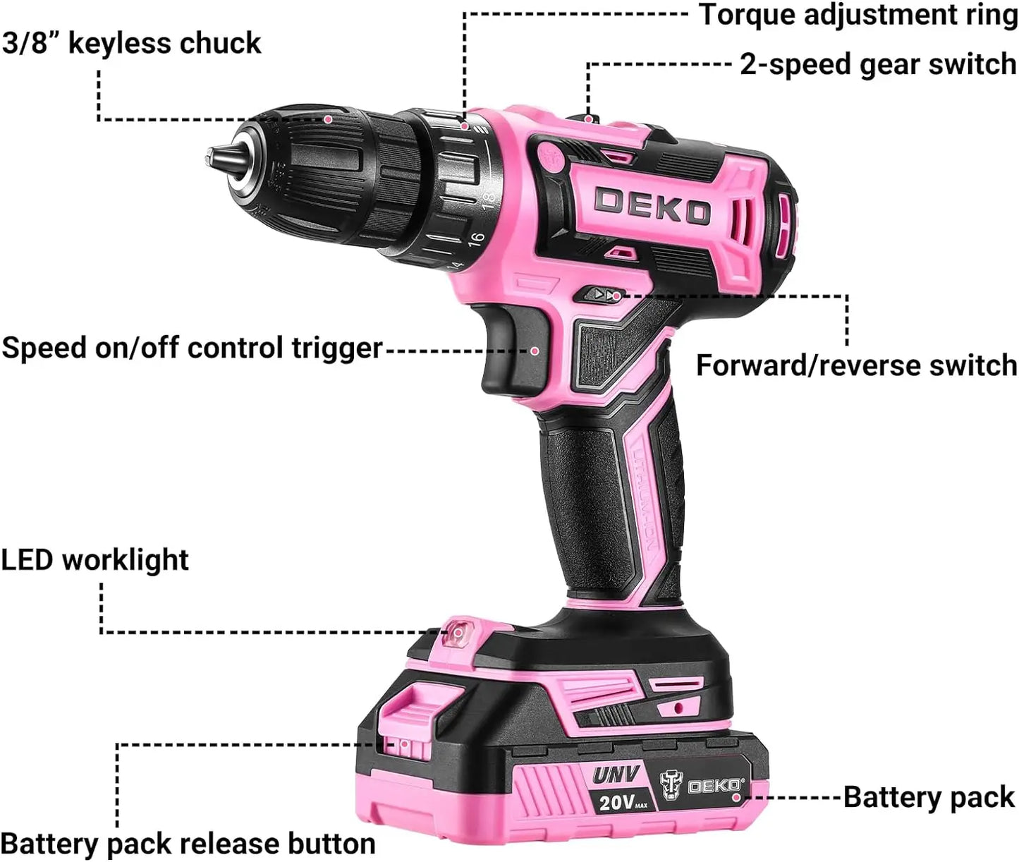 Pink Cordless Drill 20V Electric Power for Women