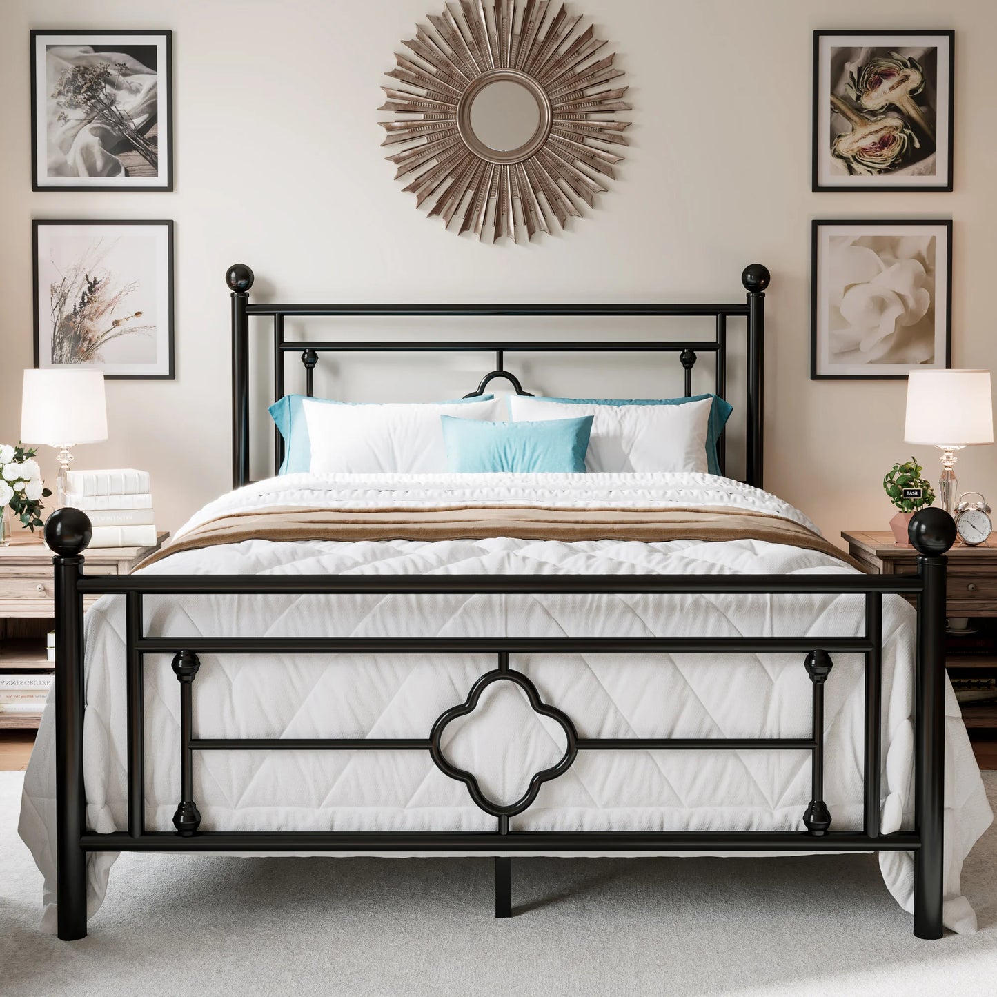 14 Inch Platform Bed Frame, Vintage Victorian Style, Wrought Iron Headboard and Footboard
