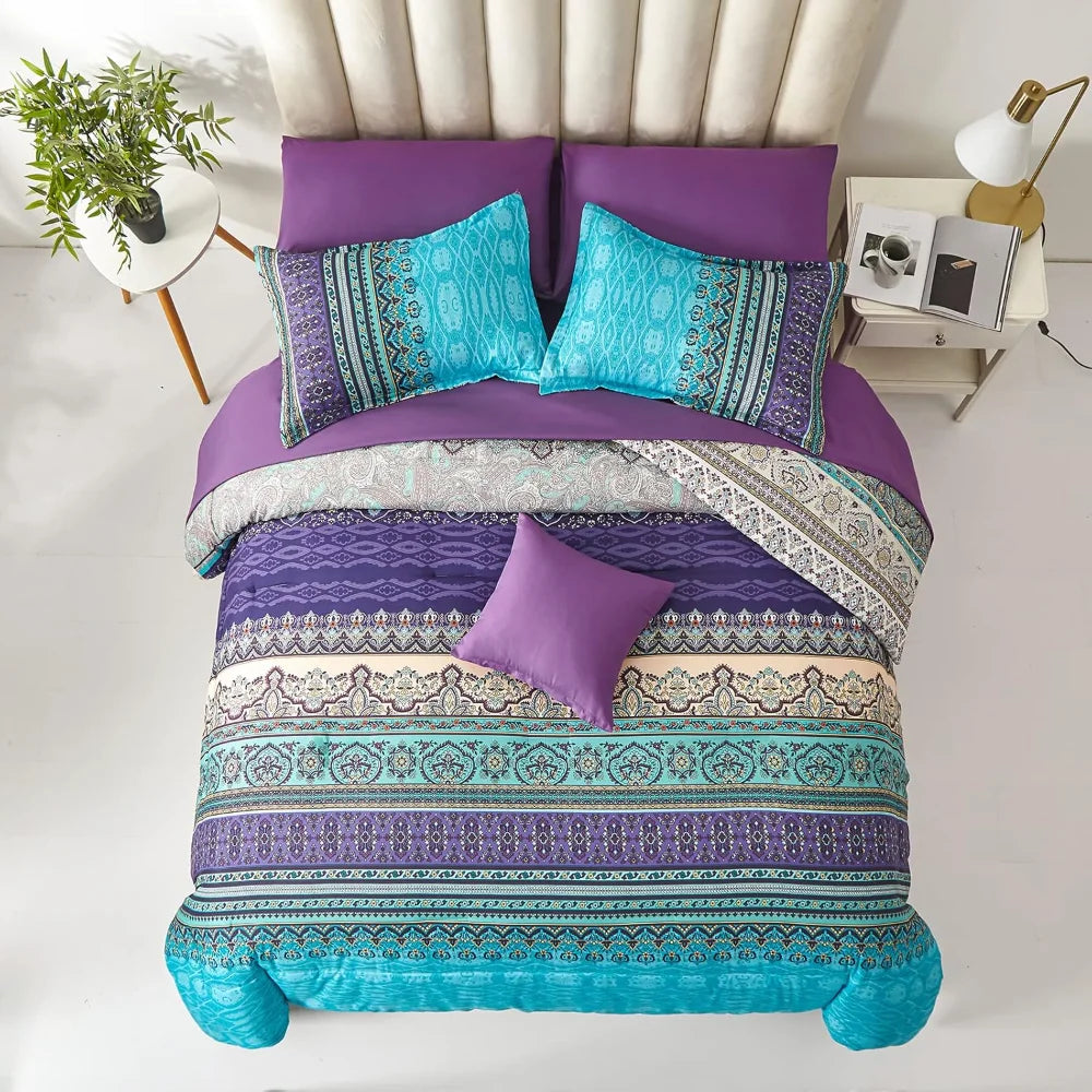 Comforter Set King Size 8 Piece Bed in a Bag, Bohemian Striped Quilt Set, Duvet Cover Sets