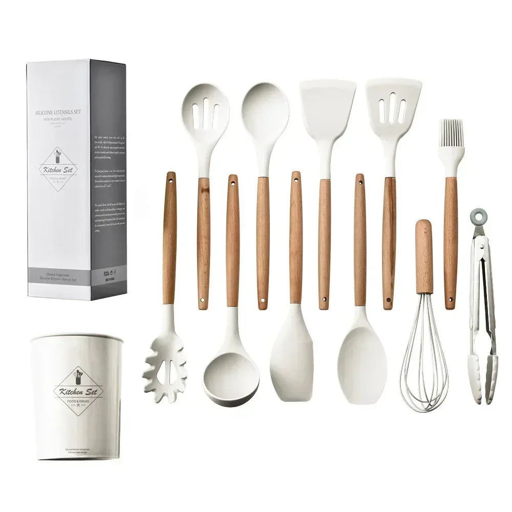 12PCS Food Grade Silicone Kitchen Cookware Utensils Turner Spatula Measuring Spoon Practical Cooking Tool Kitchenware Set Spoon