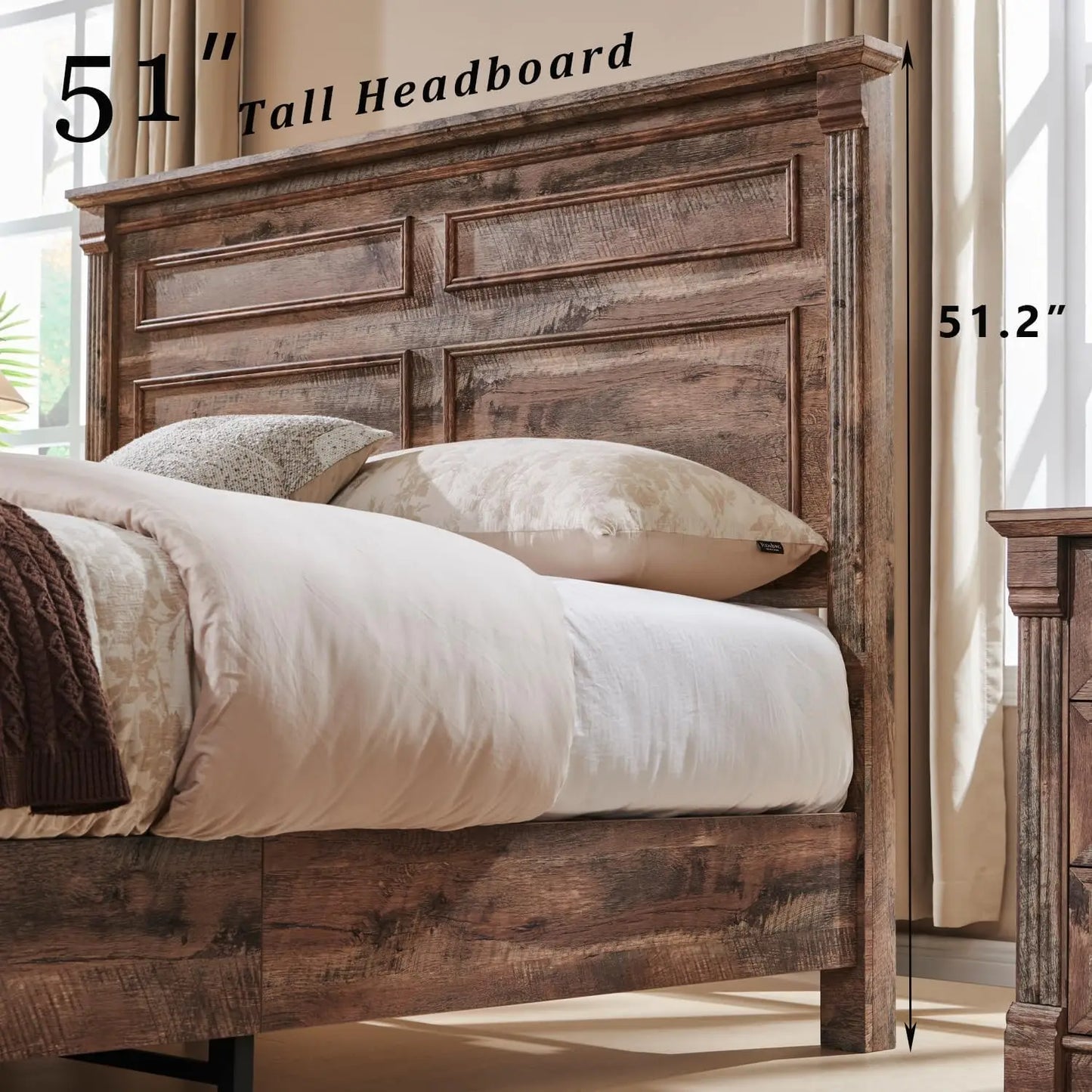 Farmhouse Queen Size Bed Frame, with 51" Tall Headboard, 20" Tall Footboard & 2 Large Storage Drawers