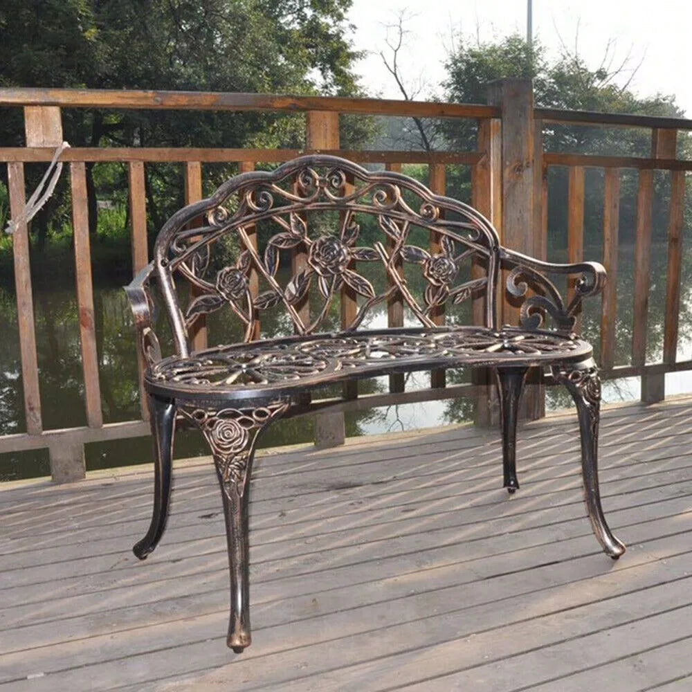 38.5"Length Garden Bench Park Chair with Cast Aluminum Furniture with Rose Pattern