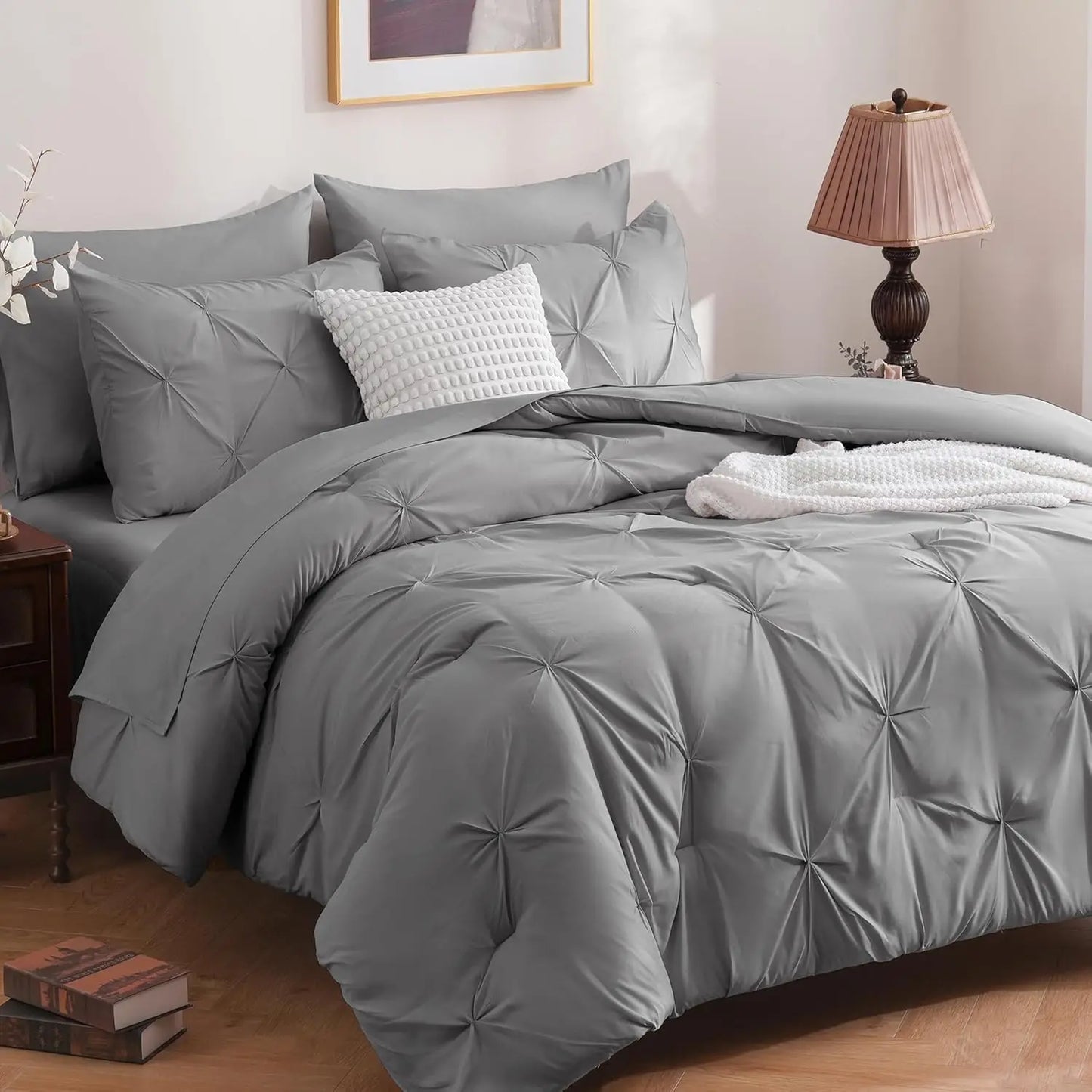 DOWNCOOL 7 Pieces King Size Comforter Set, Pink Pintuck Bed in A Bag, All Season