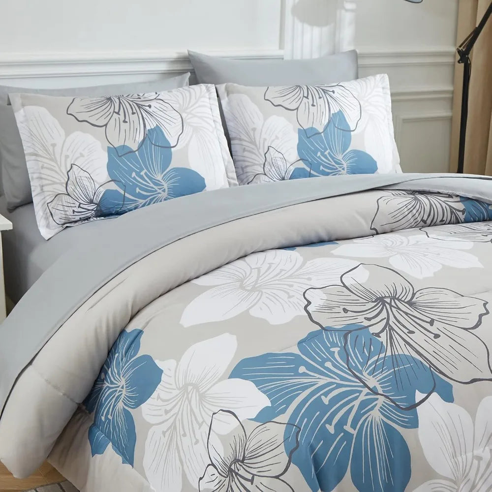 Comforter Set Queen Size, Blue Floral Comforter and Sheet Set, 7 Pieces Bed in a Bag Soft Microfiber Complete Duvet Cover Set