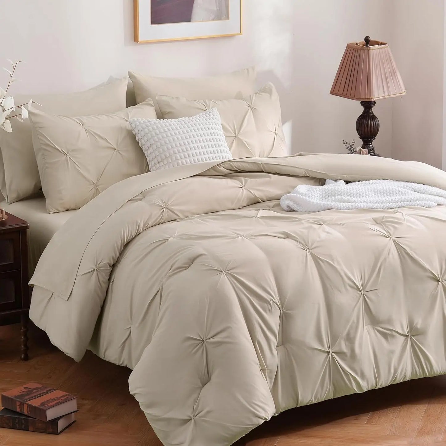 DOWNCOOL 7 Pieces King Size Comforter Set, Pink Pintuck Bed in A Bag, All Season