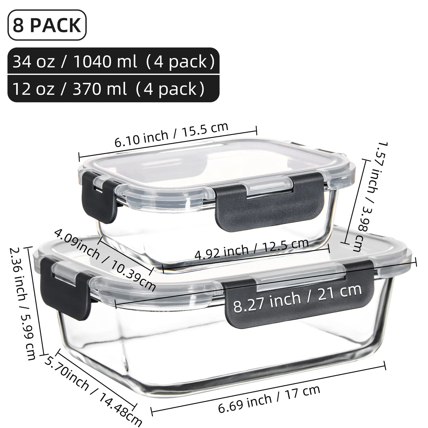 BPA free, 8-Piece Glass Food Storage Containers Set, Leakproof, Microwave & Oven Safe