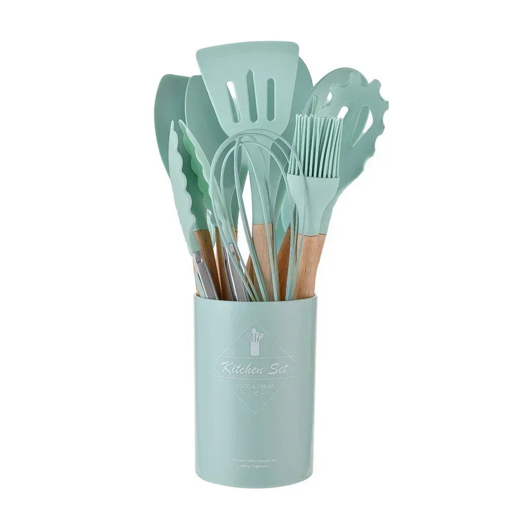 12PCS Food Grade Silicone Kitchen Cookware Utensils Turner Spatula Measuring Spoon Practical Cooking Tool Kitchenware Set Spoon