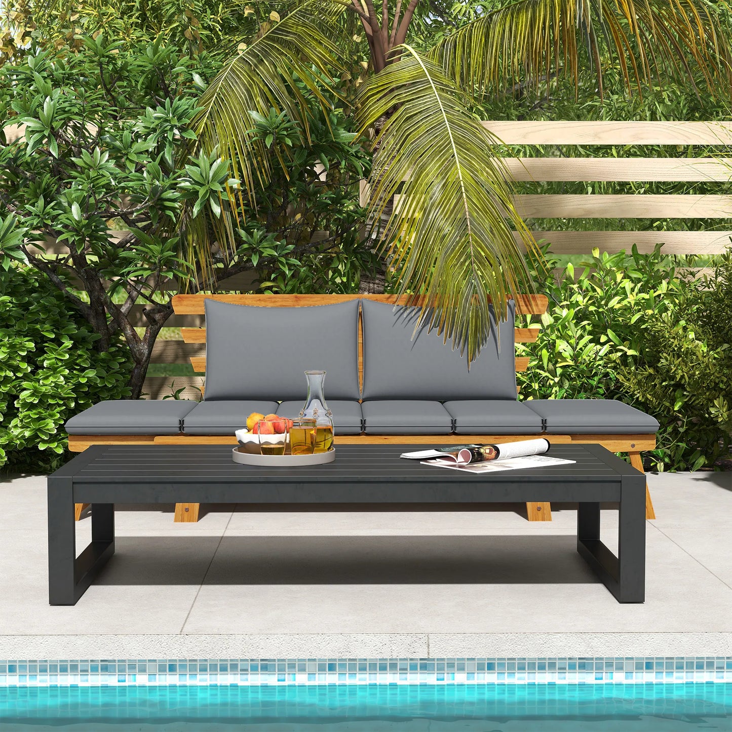 Wooden Garden Bench w/ Cushions, Gray