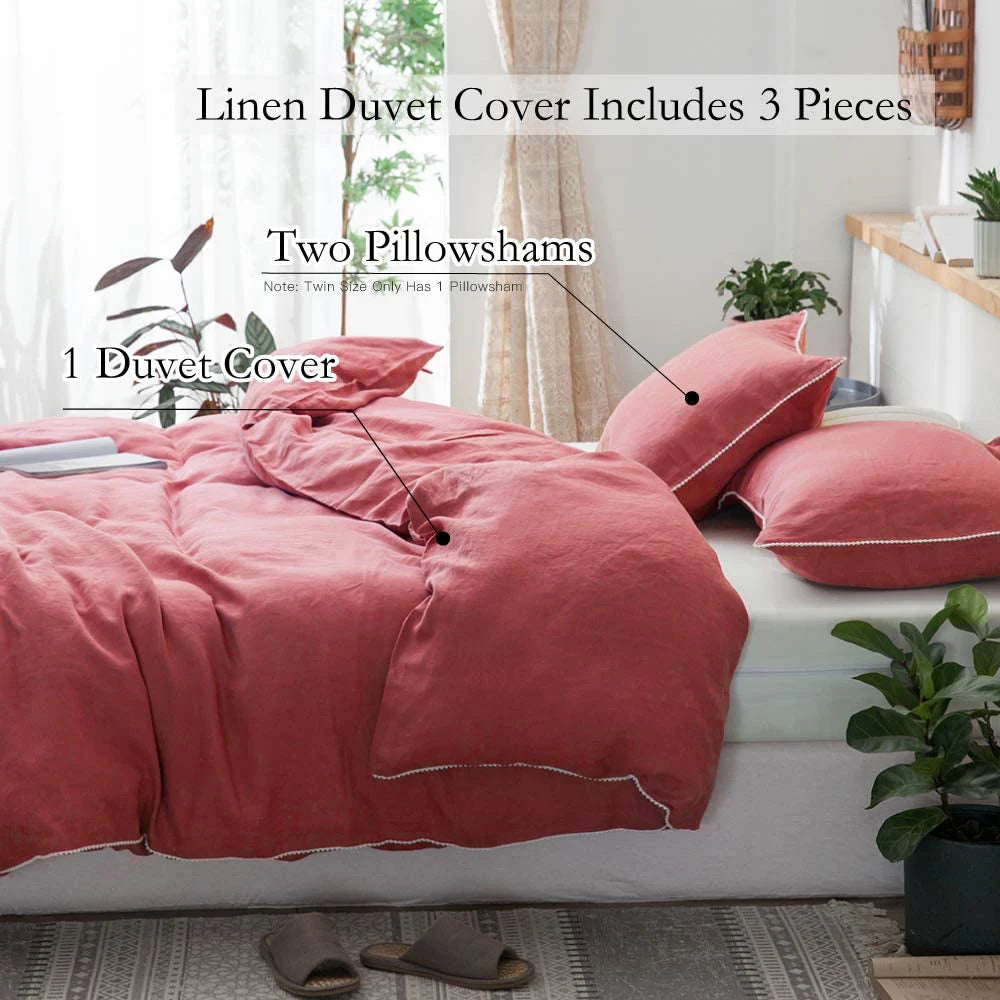 3Pcs 100% Linen Bedding Set, Washed Comforter Boho Breathable Queen King Size Duvet Cover Bed Sheet Pillow Shams