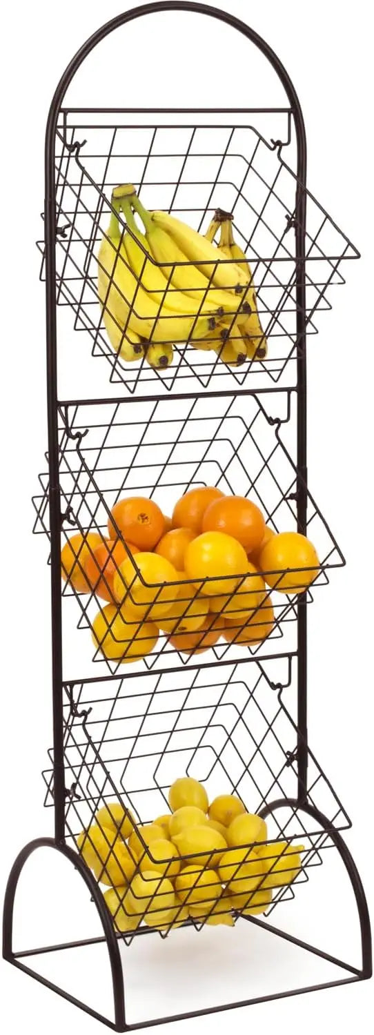 3-Tier Metal Wire Market Basket Storage Stand for Fruit, Vegetables, Snacks, Toiletries