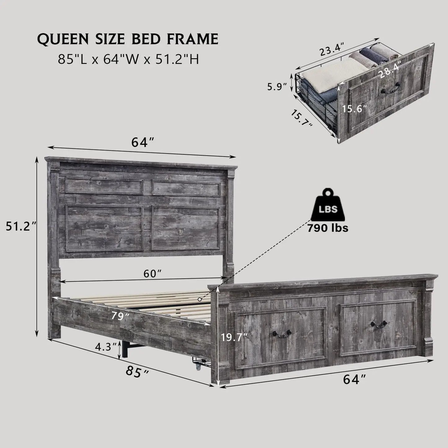 Farmhouse Queen Size Bed Frame, with 51" Tall Headboard, 20" Tall Footboard & 2 Large Storage Drawers