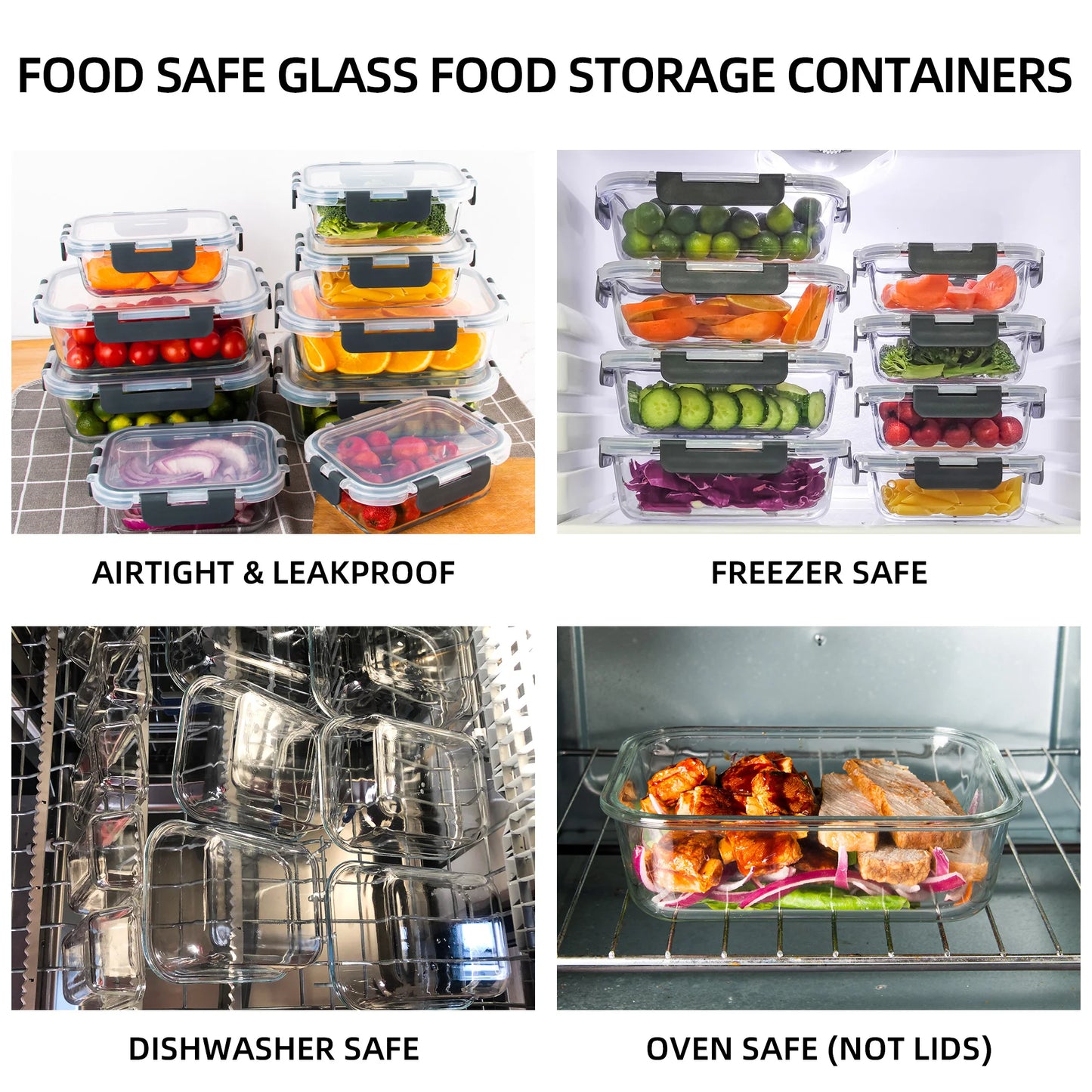 BPA free, 8-Piece Glass Food Storage Containers Set, Leakproof, Microwave & Oven Safe