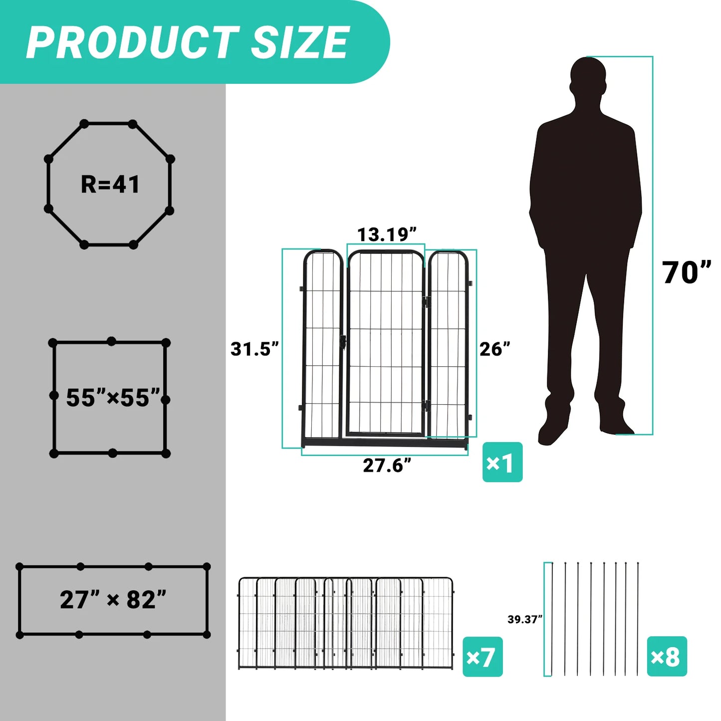 70" spliced 8-piece iron pet fence