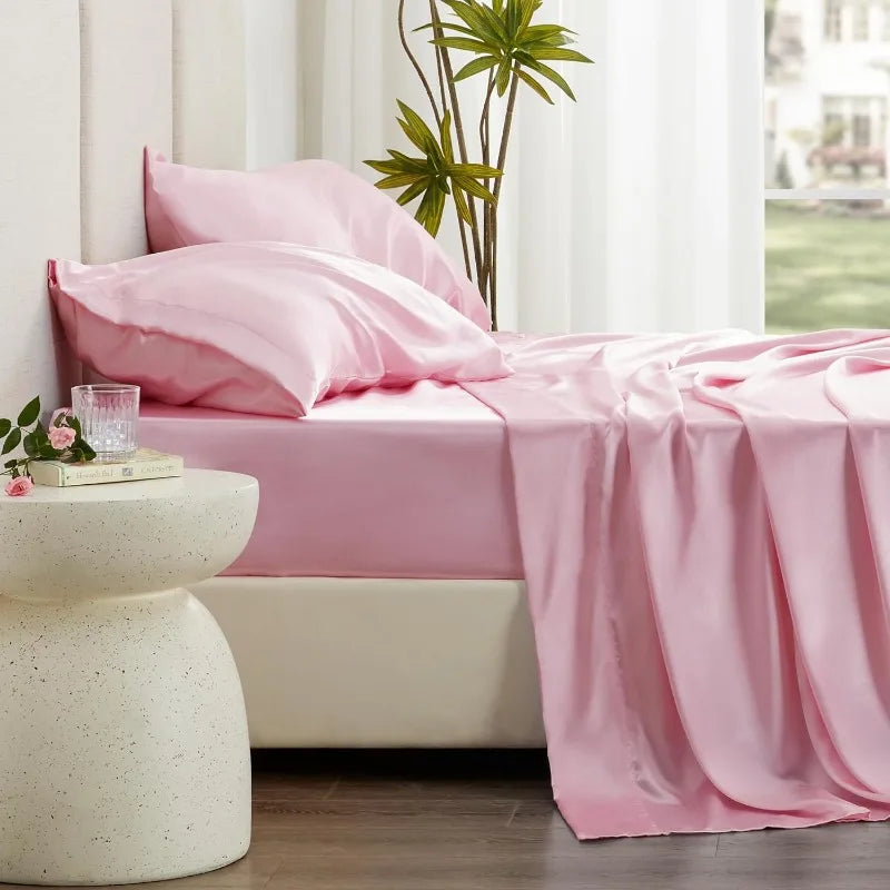 4 Piece Pink Silky Satin Bed Sheets Queen Set with Deep Pocket