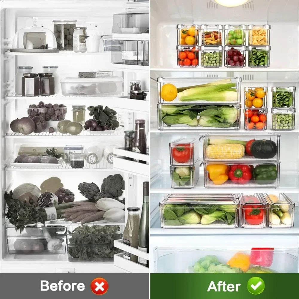 BPA Free, 14 Pack Fridge Organizer, Stackable Refrigerator Organizer Bins with Lids