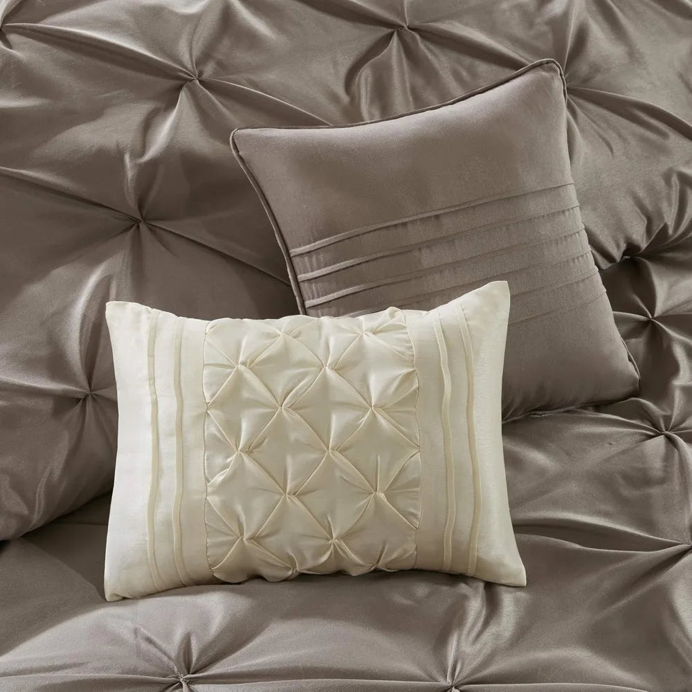 Faux Silk Comforter Set - Luxe Diamond Tufting All Season Bedding, Matching Curtains, Decorative Pillows, Duvet Cover Set