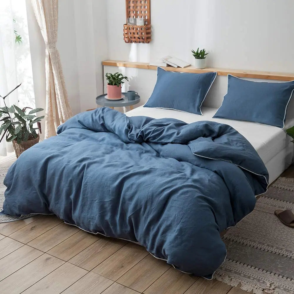 3Pcs 100% Linen Bedding Set, Washed Comforter Boho Breathable Queen King Size Duvet Cover Bed Sheet Pillow Shams