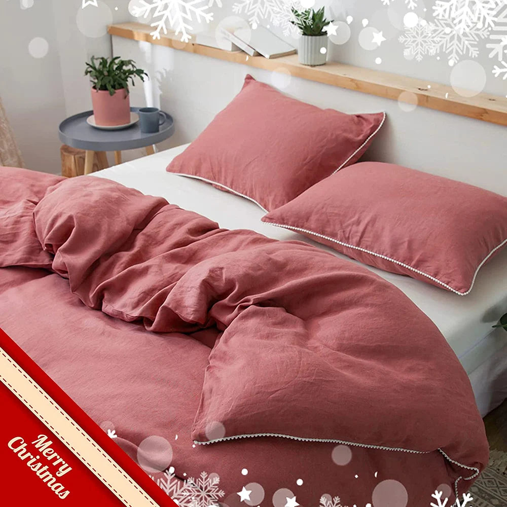 3Pcs 100% Linen Bedding Set, Washed Comforter Boho Breathable Queen King Size Duvet Cover Bed Sheet Pillow Shams