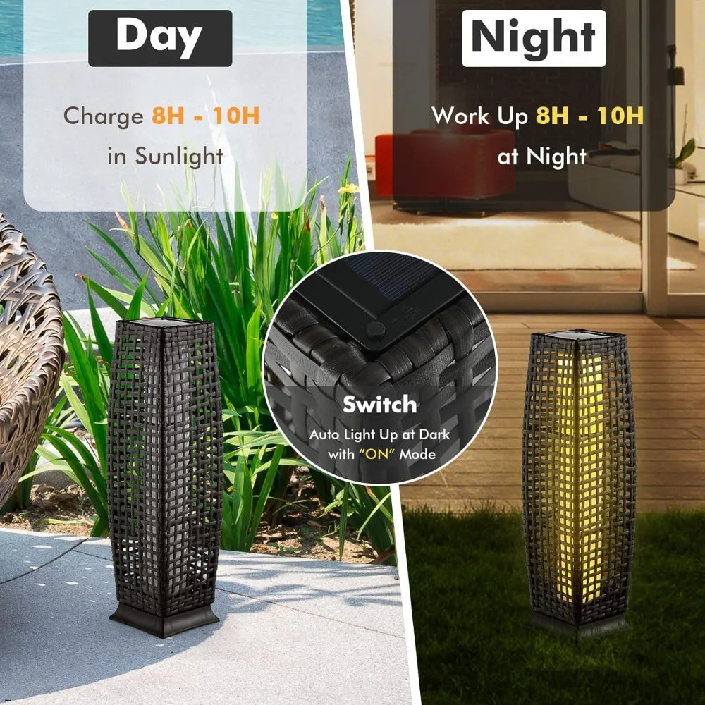 2-Piece Outdoor Solar Powered Floor Lamps, Waterproof Wicker with Auto On/Off LED Light