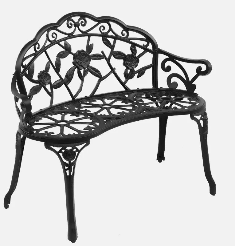 38.5"Length Garden Bench Park Chair with Cast Aluminum Furniture with Rose Pattern