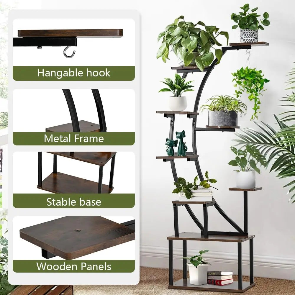 9 Tiered Black Plant Stand with Grow Light for Indoor Plants, 60"