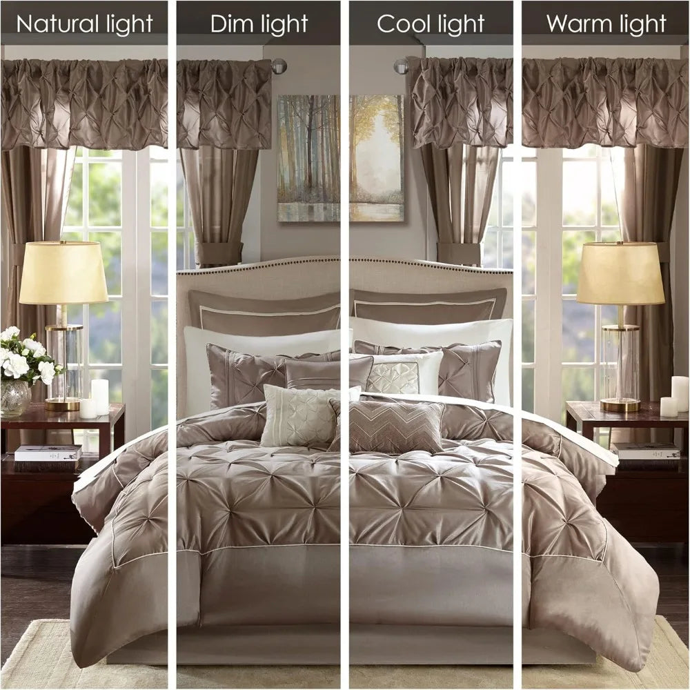 Faux Silk Comforter Set - Luxe Diamond Tufting All Season Bedding, Matching Curtains, Decorative Pillows, Duvet Cover Set