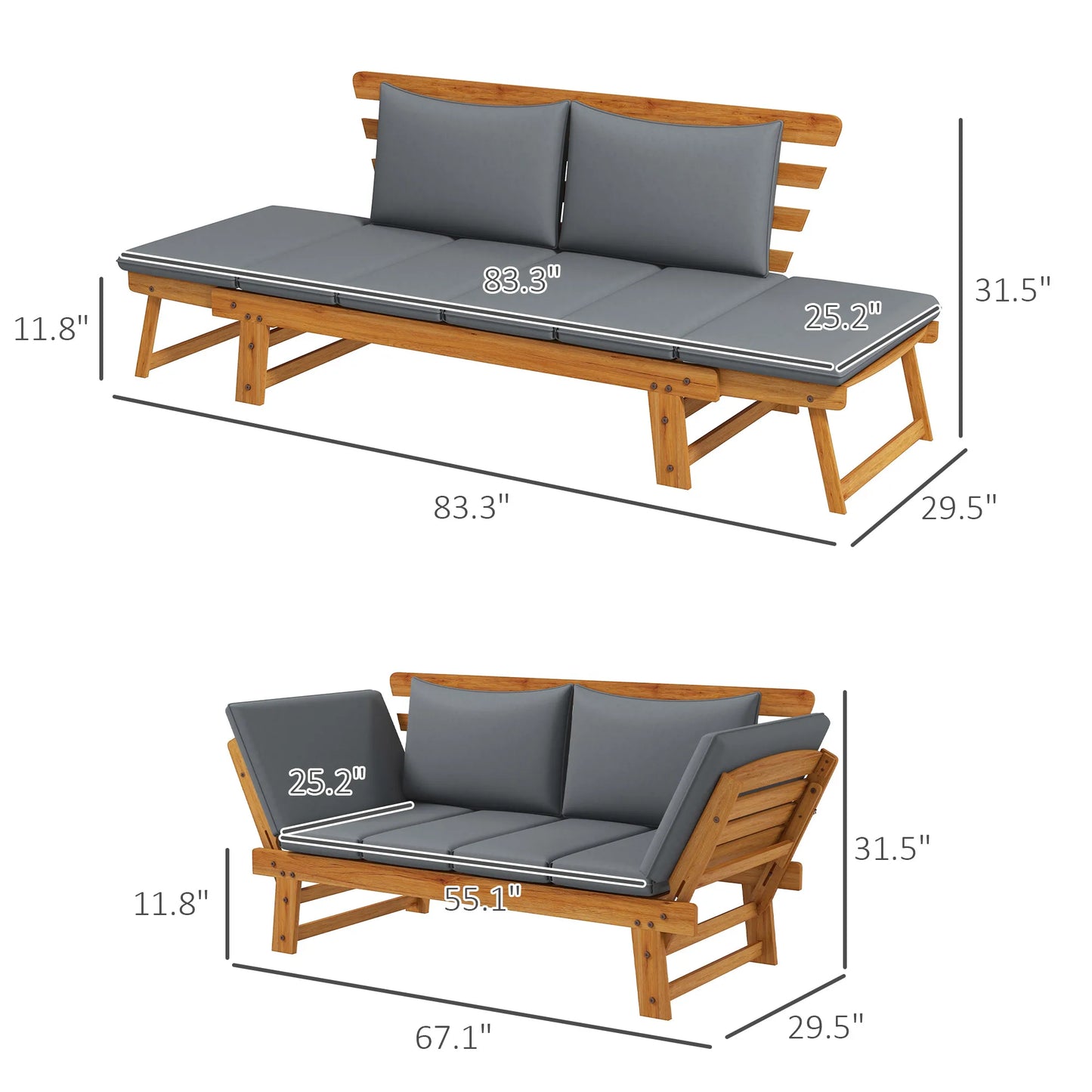 Wooden Garden Bench w/ Cushions, Gray