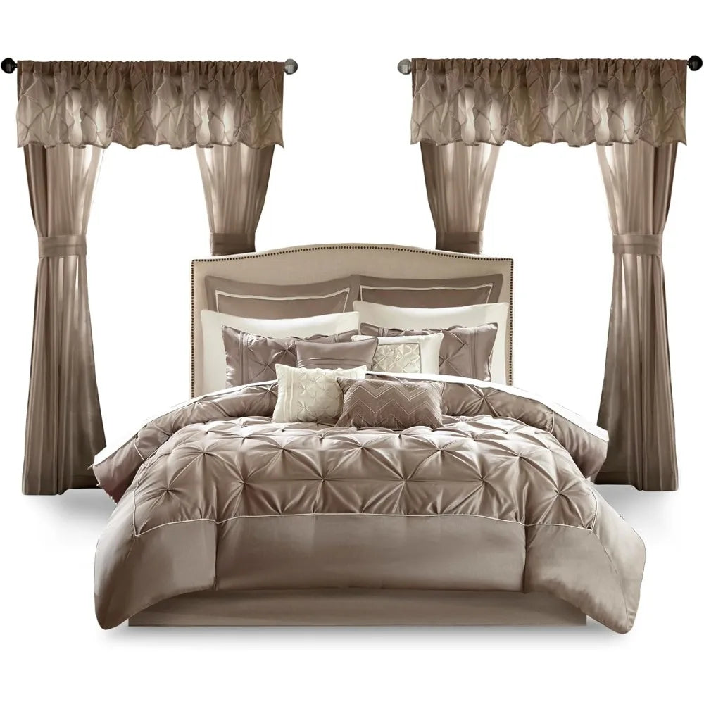 Faux Silk Comforter Set - Luxe Diamond Tufting All Season Bedding, Matching Curtains, Decorative Pillows, Duvet Cover Set